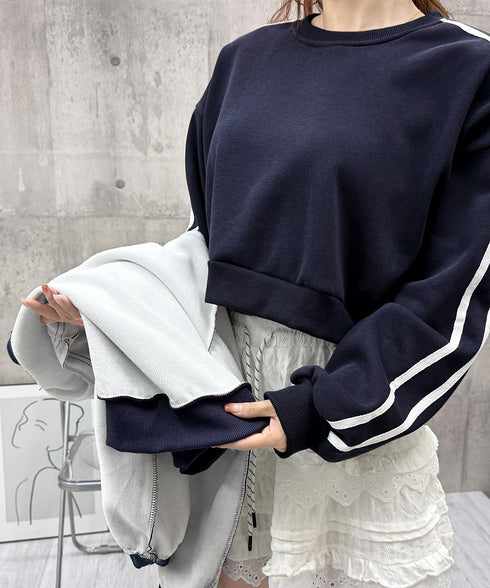 裏起毛スウェットレディーストレーナー秋冬 袖ラインスウェット ゆったり ショート丈プルオーバー おしゃれ 暖かい 体型カバー 大人カジュアル 厚手スポーツトップス 84WANJIA-030