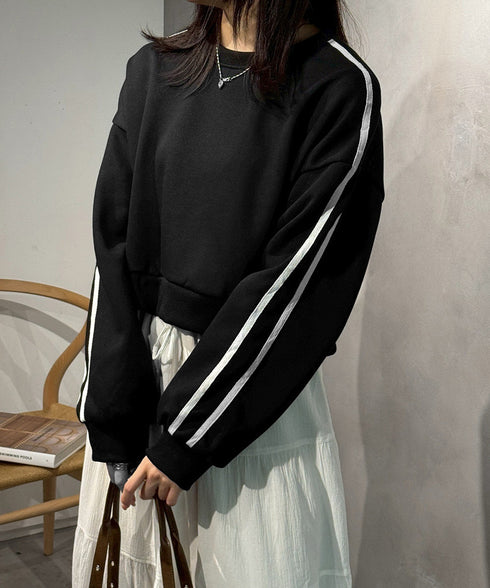 裏起毛スウェットレディーストレーナー秋冬 袖ラインスウェット ゆったり ショート丈プルオーバー おしゃれ 暖かい 体型カバー 大人カジュアル 厚手スポーツトップス 84WANJIA-030