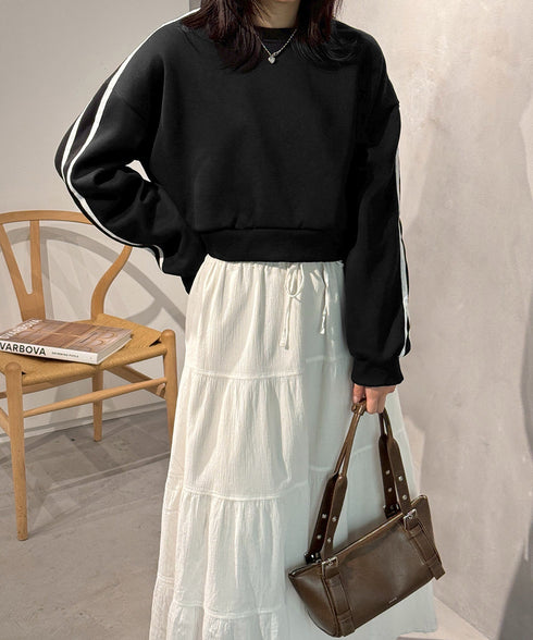 裏起毛スウェットレディーストレーナー秋冬 袖ラインスウェット ゆったり ショート丈プルオーバー おしゃれ 暖かい 体型カバー 大人カジュアル 厚手スポーツトップス 84WANJIA-030