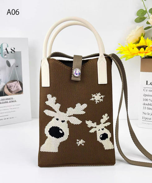 ミニショルダーバッグ 可愛いスマホポーチ アートデザインミニニットトート 全機種対応携帯ポシェット アニマル柄斜め掛けバッグ コンパクト手提げバッグ カラフル軽量 84WYZZ-001