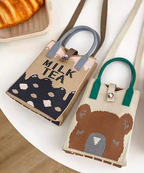 ミニショルダーバッグ 可愛いスマホポーチ アートデザインミニニットトート 全機種対応携帯ポシェット アニマル柄斜め掛けバッグ コンパクト手提げバッグ カラフル軽量 84WYZZ-001