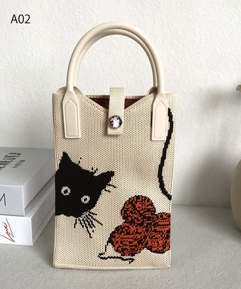 ミニショルダーバッグ 可愛いスマホポーチ アートデザインミニニットトート 全機種対応携帯ポシェット アニマル柄斜め掛けバッグ コンパクト手提げバッグ カラフル軽量 84WYZZ-001