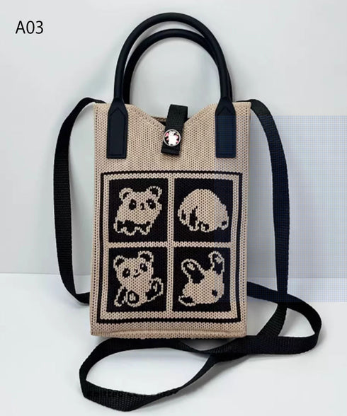 ミニショルダーバッグ 可愛いスマホポーチ アートデザインミニニットトート 全機種対応携帯ポシェット アニマル柄斜め掛けバッグ コンパクト手提げバッグ カラフル軽量 84WYZZ-001