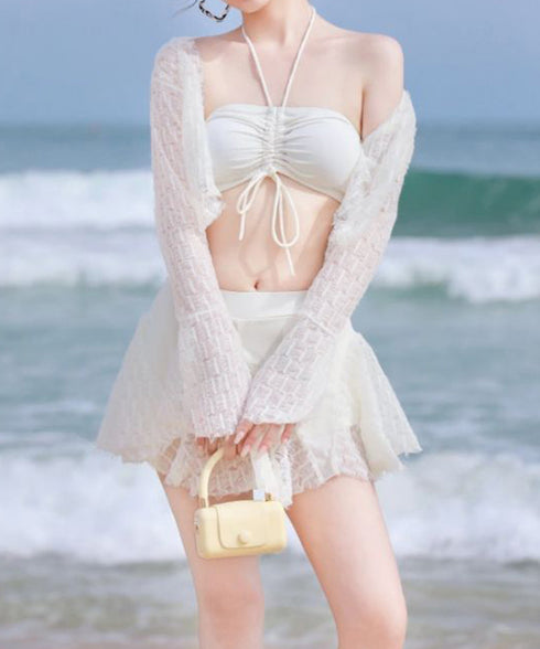 盛れる水着 レディース 体型カバー可愛い レースアップ ホルターネック水着 ジャガードレースラッシュガード バンドゥビキニ 3点セット 大人セパレート水着 水遊び 84WZX-001