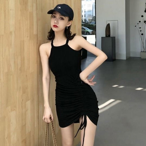 ホルターネック ミニワンピース セクシー ボディコンワンピ レディース ノースリーブワンピース ドローストリング タイトワンピース 膝上丈 パーティー ミニドレス 84XGZY-001