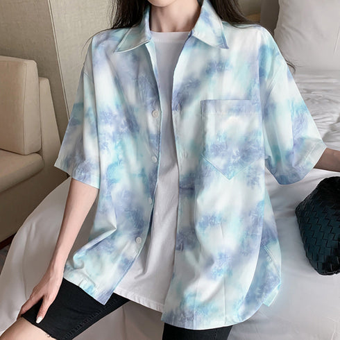 シャツ レディース カーディガン春夏韓国 オーバーサイズ 半袖シャツ 絞り染め クールトップス ゆったり サマーカーディガン長袖 体型カバーシャツブラウス 羽織り 84XIUYI-002