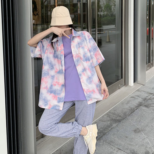 シャツ レディース カーディガン春夏韓国 オーバーサイズ 半袖シャツ 絞り染め クールトップス ゆったり サマーカーディガン長袖 体型カバーシャツブラウス 羽織り 84XIUYI-002