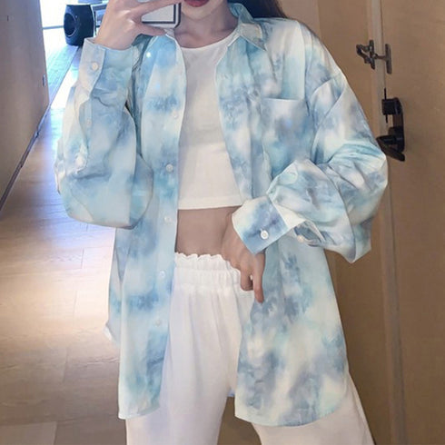 シャツ レディース カーディガン春夏韓国 オーバーサイズ 半袖シャツ 絞り染め クールトップス ゆったり サマーカーディガン長袖 体型カバーシャツブラウス 羽織り 84XIUYI-002