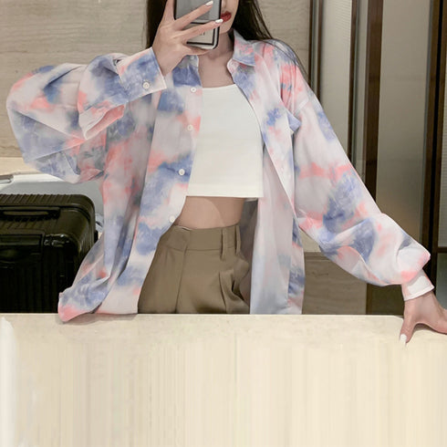 シャツ レディース カーディガン春夏韓国 オーバーサイズ 半袖シャツ 絞り染め クールトップス ゆったり サマーカーディガン長袖 体型カバーシャツブラウス 羽織り 84XIUYI-002