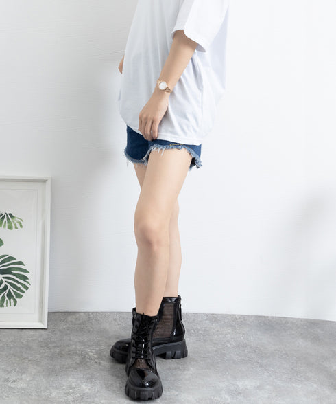 厚底 メッシュブーツサンダル レディース 美脚 ショートブーツ 歩きやすい シアーブーツ 蒸れない サマーブーツ 痛くない レースアップシューズ バックファスナー 84XIXIAN-001