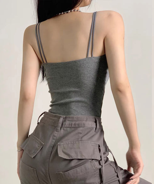 カップ付きキャミソール ダブルストラップ ブラトップ レディース クロスストラップキャミソール 大人可愛い Wスパゲッティショルダー インナートップス 韓国風肌着 84XKM-001