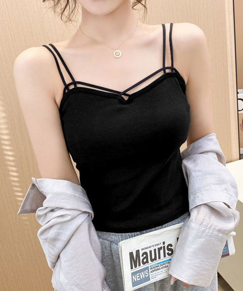 カップ付きキャミソール ダブルストラップ ブラトップ レディース クロスストラップキャミソール 大人可愛い Wスパゲッティショルダー インナートップス 韓国風肌着 84XKM-001