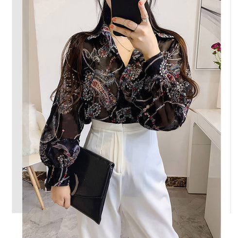 シャツブラウス 花柄 シアーブラウス長袖 レディース セクシー シアートップス Vネック フェミニン シフォンシャツブラウス おしゃれ サマーカーディガン 透け感 84YFFS-001