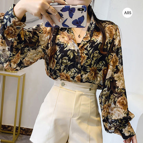 シャツブラウス 花柄 シアーブラウス長袖 レディース セクシー シアートップス Vネック フェミニン シフォンシャツブラウス おしゃれ サマーカーディガン 透け感 84YFFS-001
