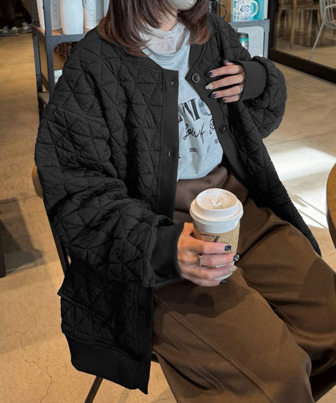 キルティングジャケット レディース 韓国 中綿ブルゾン ベースボールジャケット 羽織もの 防寒ジャンパー ライトアウター ポケット付き ノーカラージャケット着やせ 84YGL-004