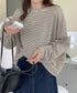 ボーダーTシャツ レディース長袖tシャツ ロングカットソー 着やせロンT ドロップショルダー 体型カバートップス クルーネック ゆったり 韓国プルオーバー 丸首 84YGL-005