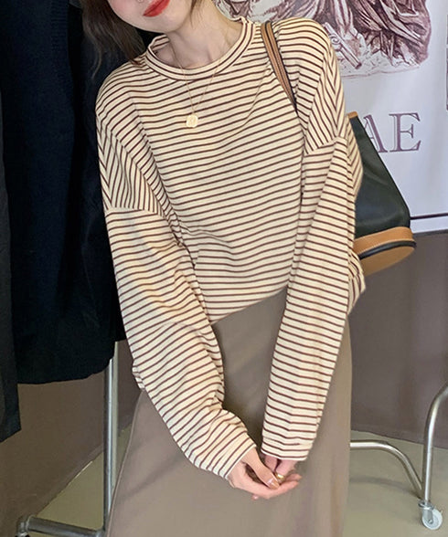 ボーダーTシャツ レディース長袖tシャツ ロングカットソー 着やせロンT ドロップショルダー 体型カバートップス クルーネック ゆったり 韓国プルオーバー 丸首 84YGL-005