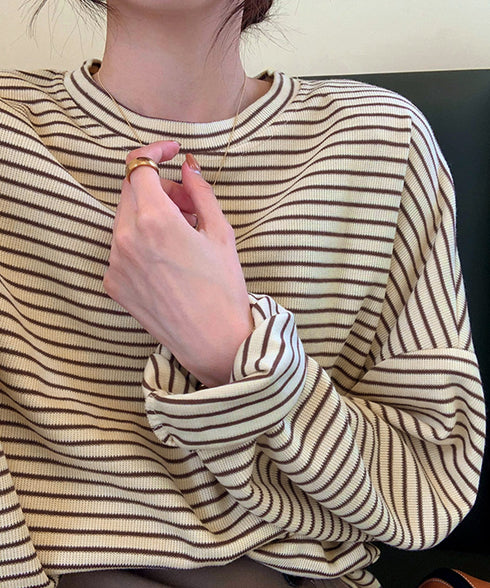 ボーダーTシャツ レディース長袖tシャツ ロングカットソー 着やせロンT ドロップショルダー 体型カバートップス クルーネック ゆったり 韓国プルオーバー 丸首 84YGL-005