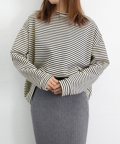ボーダーTシャツ レディース長袖tシャツ ロングカットソー 着やせロンT ドロップショルダー 体型カバートップス クルーネック ゆったり 韓国プルオーバー 丸首 84YGL-005