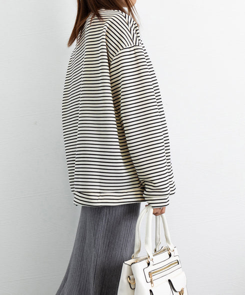 ボーダーTシャツ レディース長袖tシャツ ロングカットソー 着やせロンT ドロップショルダー 体型カバートップス クルーネック ゆったり 韓国プルオーバー 丸首 84YGL-005