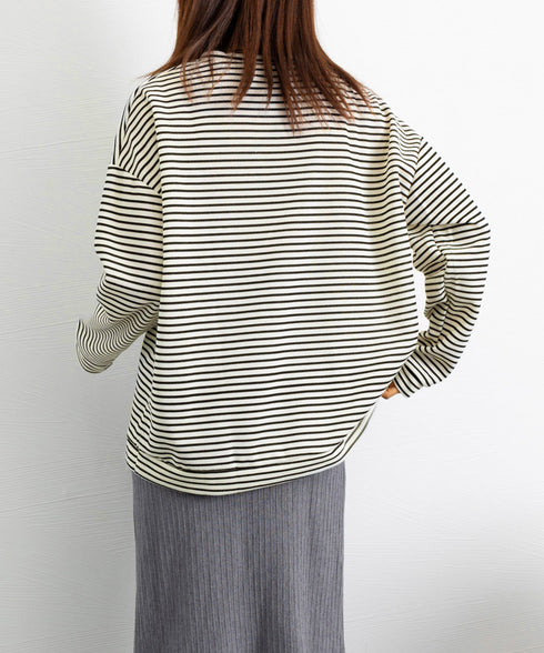 ボーダーTシャツ レディース長袖tシャツ ロングカットソー 着やせロンT ドロップショルダー 体型カバートップス クルーネック ゆったり 韓国プルオーバー 丸首 84YGL-005