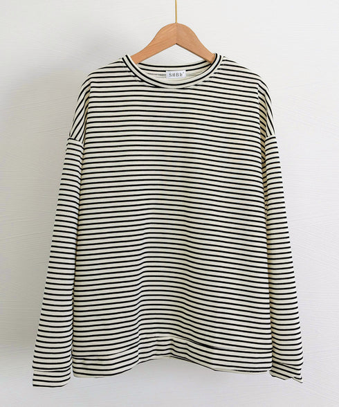 ボーダーTシャツ レディース長袖tシャツ ロングカットソー 着やせロンT ドロップショルダー 体型カバートップス クルーネック ゆったり 韓国プルオーバー 丸首 84YGL-005