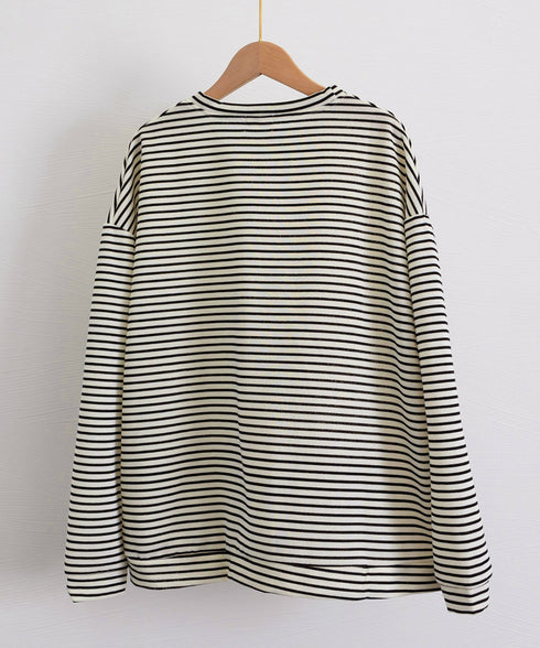 ボーダーTシャツ レディース長袖tシャツ ロングカットソー 着やせロンT ドロップショルダー 体型カバートップス クルーネック ゆったり 韓国プルオーバー 丸首 84YGL-005