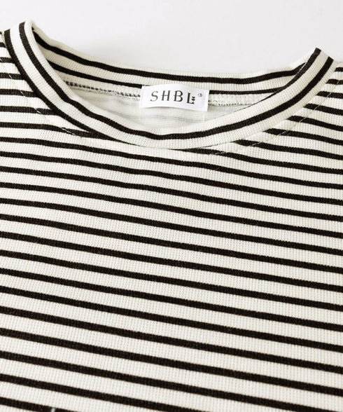 ボーダーTシャツ レディース長袖tシャツ ロングカットソー 着やせロンT ドロップショルダー 体型カバートップス クルーネック ゆったり 韓国プルオーバー 丸首 84YGL-005