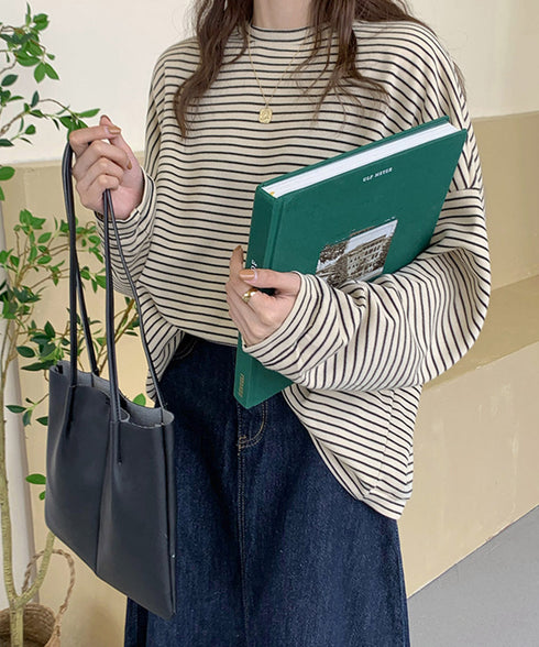ボーダーTシャツ レディース長袖tシャツ ロングカットソー 着やせロンT ドロップショルダー 体型カバートップス クルーネック ゆったり 韓国プルオーバー 丸首 84YGL-005
