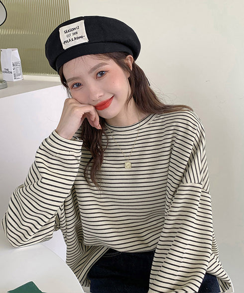 ボーダーTシャツ レディース長袖tシャツ ロングカットソー 着やせロンT ドロップショルダー 体型カバートップス クルーネック ゆったり 韓国プルオーバー 丸首 84YGL-005