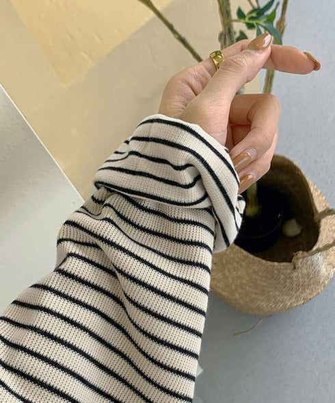 ボーダーTシャツ レディース長袖tシャツ ロングカットソー 着やせロンT ドロップショルダー 体型カバートップス クルーネック ゆったり 韓国プルオーバー 丸首 84YGL-005