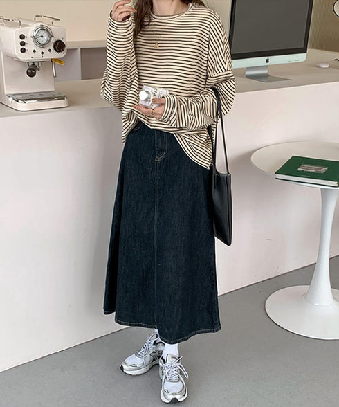 ボーダーTシャツ レディース長袖tシャツ ロングカットソー 着やせロンT ドロップショルダー 体型カバートップス クルーネック ゆったり 韓国プルオーバー 丸首 84YGL-005