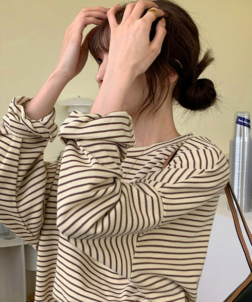 ボーダーTシャツ レディース長袖tシャツ ロングカットソー 着やせロンT ドロップショルダー 体型カバートップス クルーネック ゆったり 韓国プルオーバー 丸首 84YGL-005