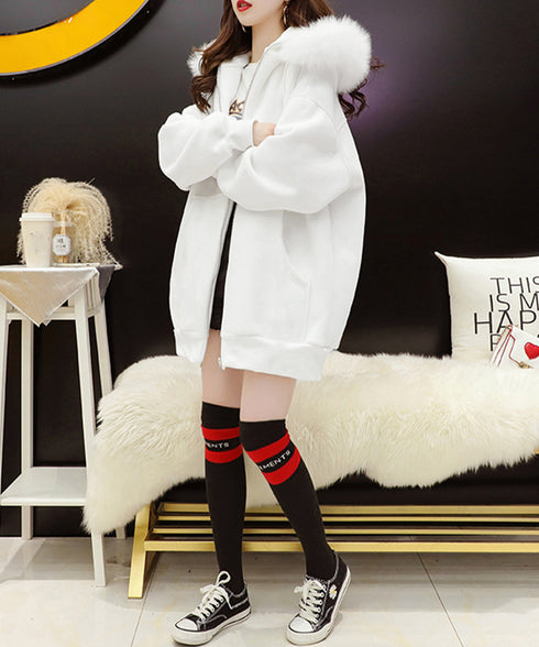 裏微起毛パーカージップアップ レディース フード付き ロングパーカー ビッグシルエットアウター カジュアルゆったり 韓国風 長袖フーディー 暖かい オーバーサイズ 84YGL-006