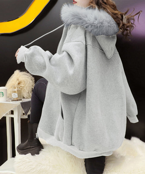 裏微起毛パーカージップアップ レディース フード付き ロングパーカー ビッグシルエットアウター カジュアルゆったり 韓国風 長袖フーディー 暖かい オーバーサイズ 84YGL-006