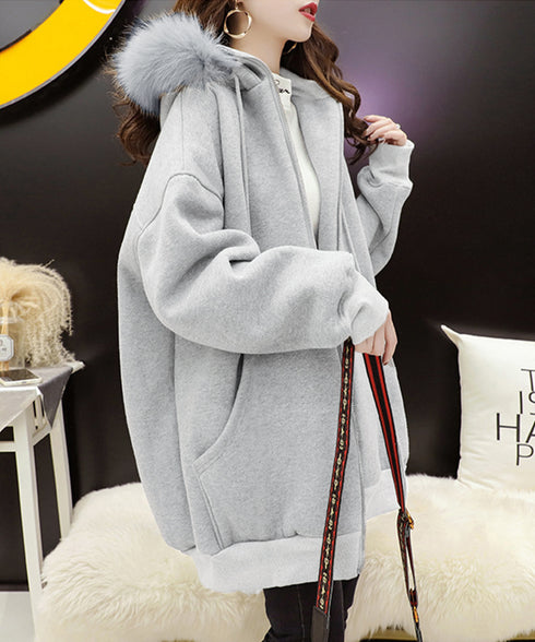 裏微起毛パーカージップアップ レディース フード付き ロングパーカー ビッグシルエットアウター カジュアルゆったり 韓国風 長袖フーディー 暖かい オーバーサイズ 84YGL-006
