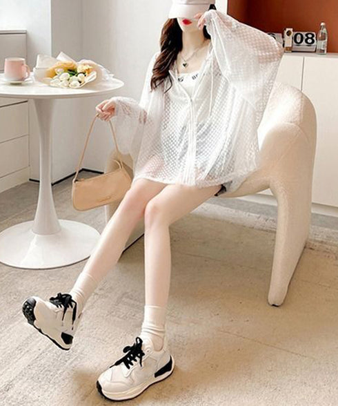 シアーシャツ レディース 夏カーディガン フード付きシアーカーディガン ジップアップライトアウター 春夏服 透け感 ボリューム袖 薄手長袖羽織り 涼しい おしゃれ 84YGL-008