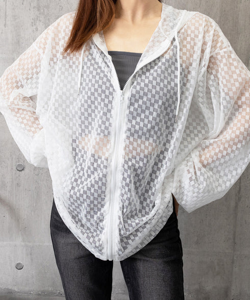 シアーシャツ レディース 夏カーディガン フード付きシアーカーディガン ジップアップライトアウター 春夏服 透け感 ボリューム袖 薄手長袖羽織り 涼しい おしゃれ 84YGL-008