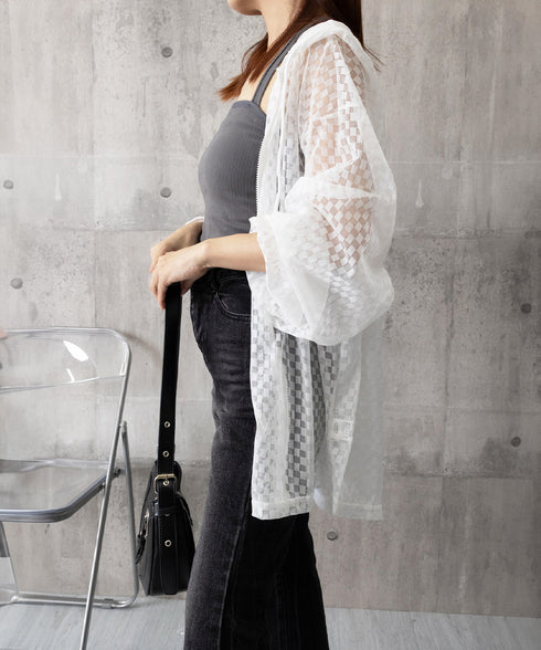 シアーシャツ レディース 夏カーディガン フード付きシアーカーディガン ジップアップライトアウター 春夏服 透け感 ボリューム袖 薄手長袖羽織り 涼しい おしゃれ 84YGL-008