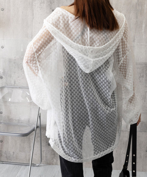 シアーシャツ レディース 夏カーディガン フード付きシアーカーディガン ジップアップライトアウター 春夏服 透け感 ボリューム袖 薄手長袖羽織り 涼しい おしゃれ 84YGL-008