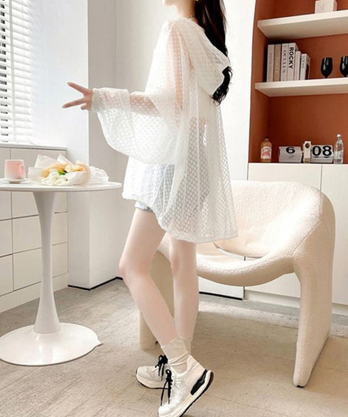 シアーシャツ レディース 夏カーディガン フード付きシアーカーディガン ジップアップライトアウター 春夏服 透け感 ボリューム袖 薄手長袖羽織り 涼しい おしゃれ 84YGL-008