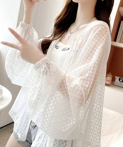 シアーシャツ レディース 夏カーディガン フード付きシアーカーディガン ジップアップライトアウター 春夏服 透け感 ボリューム袖 薄手長袖羽織り 涼しい おしゃれ 84YGL-008