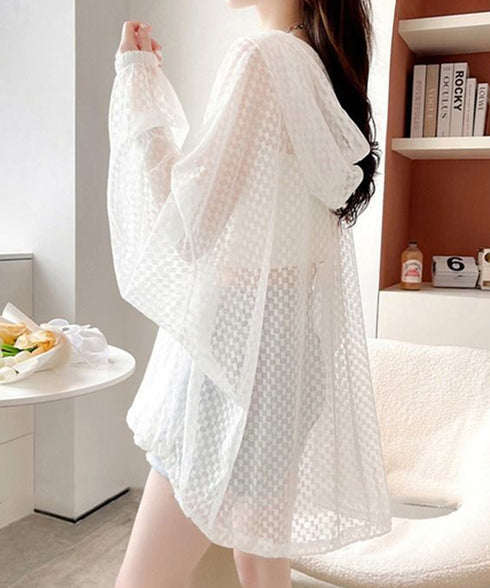 シアーシャツ レディース 夏カーディガン フード付きシアーカーディガン ジップアップライトアウター 春夏服 透け感 ボリューム袖 薄手長袖羽織り 涼しい おしゃれ 84YGL-008