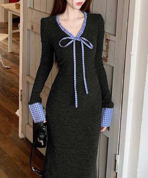 配色リボンニットマーメイドワンピース長袖 レディースチェック柄切り替え ロングワンピース 着やせ Vネック 春秋冬タイトワンピきれいめ大人可愛いニットワンピ韓国風 84YGL-009