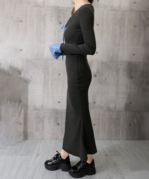 配色リボンニットマーメイドワンピース長袖 レディースチェック柄切り替え ロングワンピース 着やせ Vネック 春秋冬タイトワンピきれいめ大人可愛いニットワンピ韓国風 84YGL-009