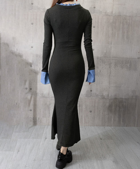 配色リボンニットマーメイドワンピース長袖 レディースチェック柄切り替え ロングワンピース 着やせ Vネック 春秋冬タイトワンピきれいめ大人可愛いニットワンピ韓国風 84YGL-009