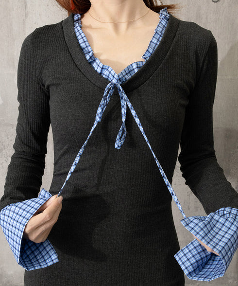 配色リボンニットマーメイドワンピース長袖 レディースチェック柄切り替え ロングワンピース 着やせ Vネック 春秋冬タイトワンピきれいめ大人可愛いニットワンピ韓国風 84YGL-009