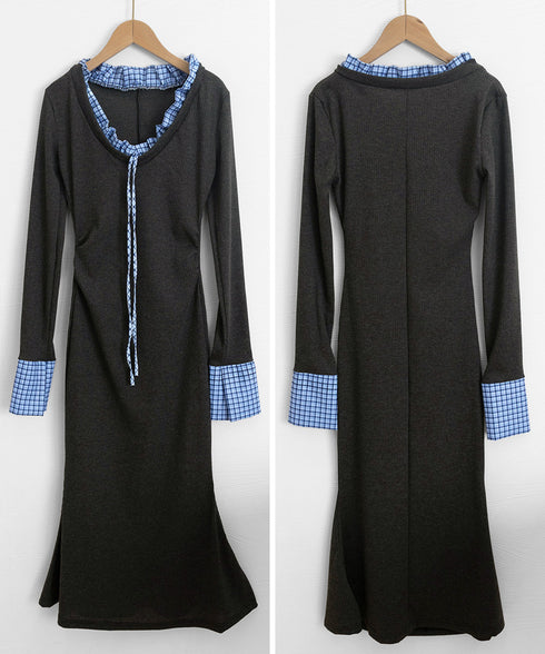 配色リボンニットマーメイドワンピース長袖 レディースチェック柄切り替え ロングワンピース 着やせ Vネック 春秋冬タイトワンピきれいめ大人可愛いニットワンピ韓国風 84YGL-009