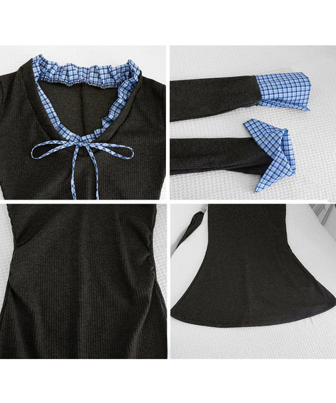 配色リボンニットマーメイドワンピース長袖 レディースチェック柄切り替え ロングワンピース 着やせ Vネック 春秋冬タイトワンピきれいめ大人可愛いニットワンピ韓国風 84YGL-009