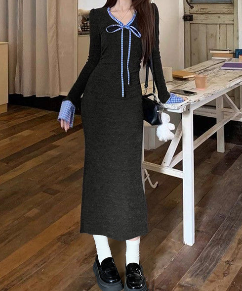 配色リボンニットマーメイドワンピース長袖 レディースチェック柄切り替え ロングワンピース 着やせ Vネック 春秋冬タイトワンピきれいめ大人可愛いニットワンピ韓国風 84YGL-009